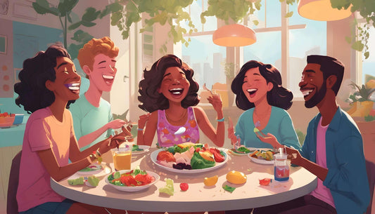 A person laughing and enjoying a colorful, healthy meal with friends