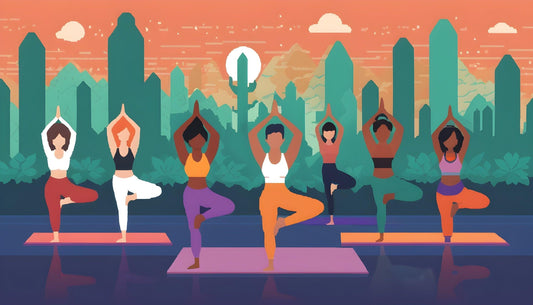 Diverse group practicing yoga poses in foreground, symbolic growth background, title related to yoga's popularity and growth. Pixel art