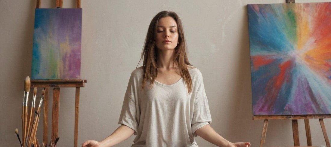 a beautiful woman  meditating bathed in soft light, with paintbrushes and a colorful canvas leaning against her.