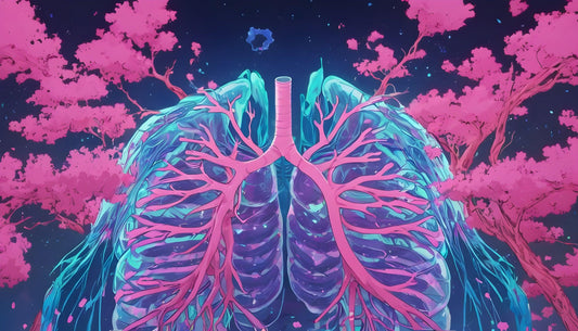 A digital painting of a human lung with pink flowers in the background